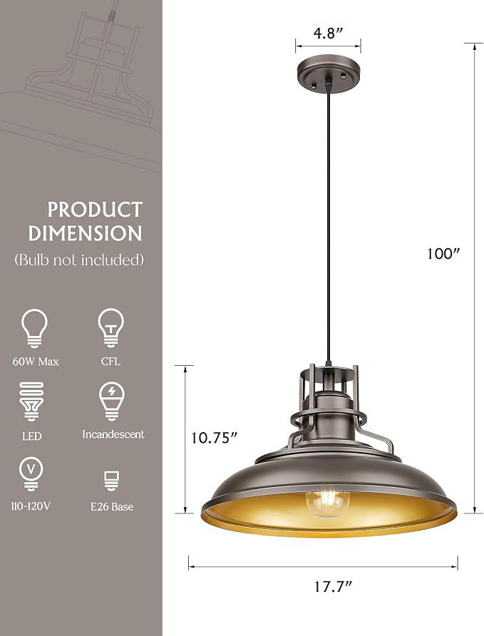FEMILA 18" Outdoor Pendant Lights for Porch, Farmhouse Pendant Light, Barn Vintage Hanging Light Fixture for Kitchen Island, Adjustable Height,Oil Rubbed Bronze Finish, 4FY15-MP-L ORB