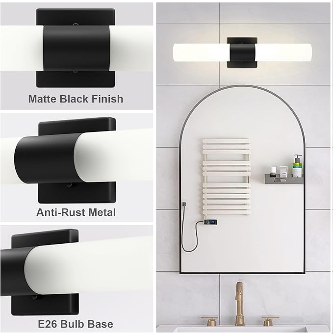 Modern 21" Bathroom Vanity Wall Sconce, Frosted Glass, Black | Indoor Lighting Fixture, For Living Room, Stairs & Bedroom, Mounting Hardware Included, Easy To Install, Sturdy Metal Build.
