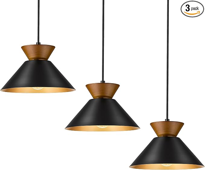 ELYONA 3 Pack Modern Pendant Lights Kitchen Island, Solid Wood Hanging Lamp with Matte Black Metal Shade & Gold Inner Finish, Farmhouse Pendant Light Fixtures for Dining Room, Bedroom, Living Room