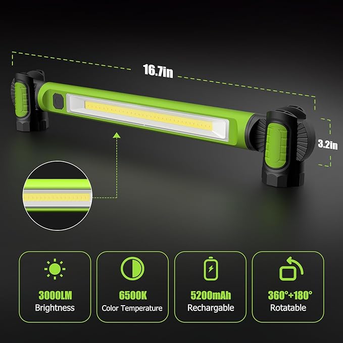 2 Pack Mechanic Work Light, 3000LM Rechargeable LED Bar, Portable, Magnetic, Hooks, SOS Flashlight