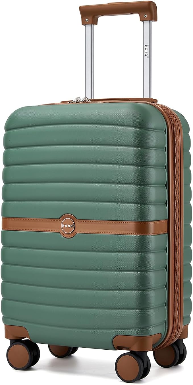 Kono Expandable Carry On Luggage 22x14x9 Airline Approved with Spinner Wheels, 20 Inch Durable & Impact-Resistant PC+ABS Hardshell Rolling Suitcase Travel Luggage with Lock, Green/Brown