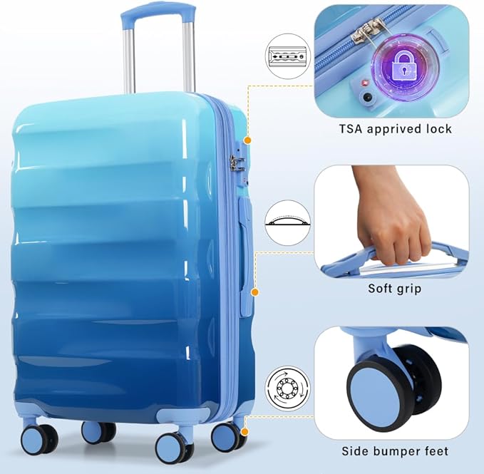 Lispin Luggage Set Softshell Expandable 4 Piece Suitcase with Wheels Softside Lightweight Travel Carry on Luggage (Blue 20"/24"/28")