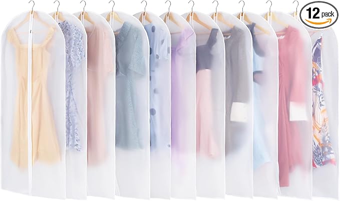 Carbrea 12 Pack Garment Bags for Hanging Clothes - Translucent Dress Bag for Closet Wardrobe Storage Travel - 24" x 49"