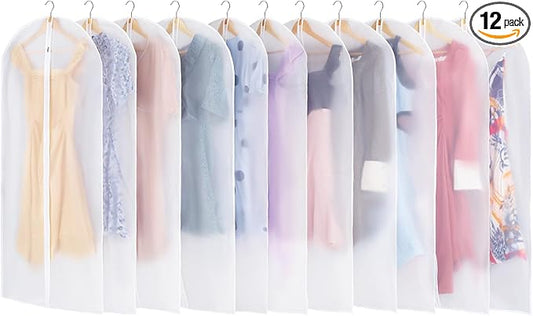 Carbrea 12 Pack Garment Bags for Hanging Clothes - Translucent Dress Bag for Closet Wardrobe Storage Travel - 24" x 49"
