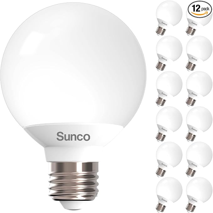 Sunco 12 Pack G25 LED Light Bulb, Globe, Vanity Bathroom Mirror, 6W=40W | 3000K Warm White, Frosted Lens, 450LM, Dimmable, E26 Medium Base, Vanity Mirror Lighting, Damp Rated, Decorative Round Bulb