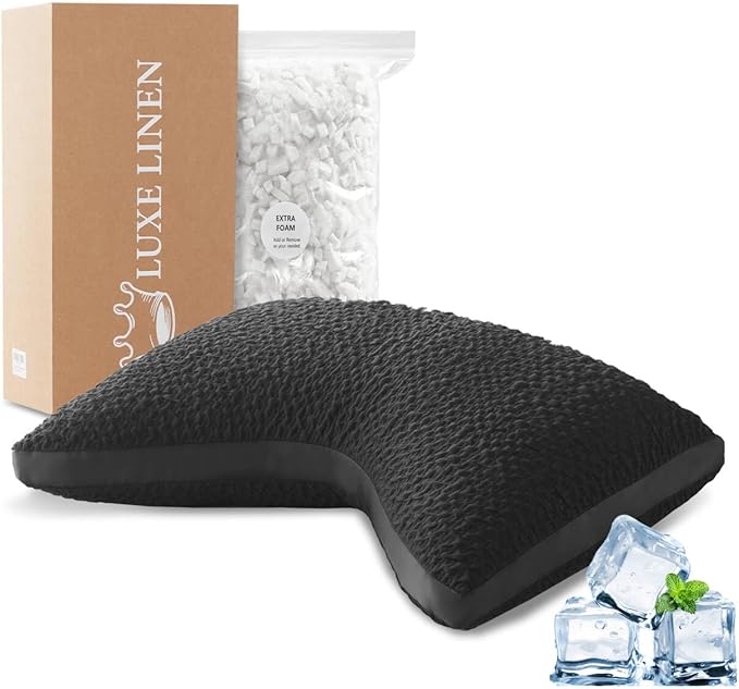 Side Sleeper Pillow for Adults, Adjustable Shredded Memory Foam Bed Pillows for Neck and Shoulder Pain, Curved Cooling Pillows for Hot Sleepers, Washable Cover & Extra Foam Bag, Black Standard Size