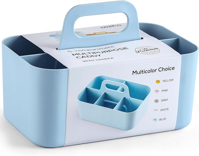 Multiuse Caddy Organizer with Handle, Portable Divided Plastic Tote Bin - Art Craft, Stationary Pen Marker Crayons, Makeup Hair Supplies Storage - Bathroom, Classroom, Dorm, Office, Desk Holder - Blue