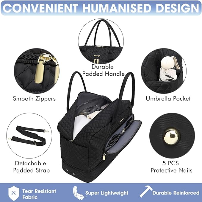 Travel Duffle Bag Weekender for Women - 38L Carry-On Overnight Personal Item Bag with Shoe Compartment & Wet Pocket Weekend Tote Bags with Toiletry Hospital Bags for Labor and Delivery