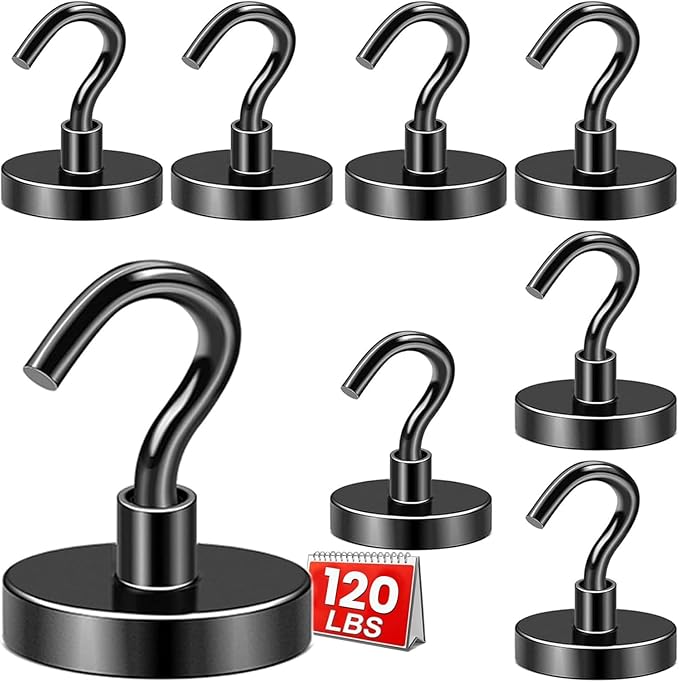 DIYMAG Black Magnetic Hooks, 120 LB Heavy Duty Strong Magnets with Hook, Rare Earth Neodymium Magnet for Cabins Cruise Ship Essentials 8 Packs
