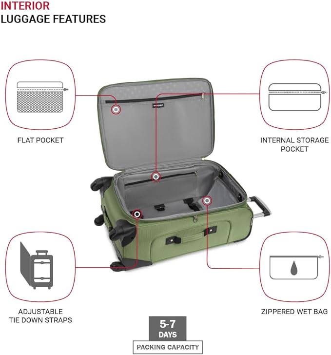 SWISSGEAR Sion Softside Expandable Spinner Luggage Durable Lightweight Travel Suitcase, Evergreen, Checked-Medium 25-Inch