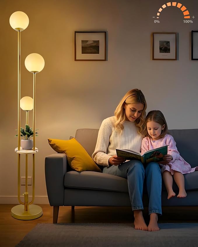 Lightdot Gold Globe Floor Lamp 3-Lights Dimmable Floor Lamps with Tray& Bulbs Included Unique Floor Lamp Modern Standing Lamps with 5Lbs Heavy Base for Living Room/Bedroom//Sofa Beside/Corner Decor