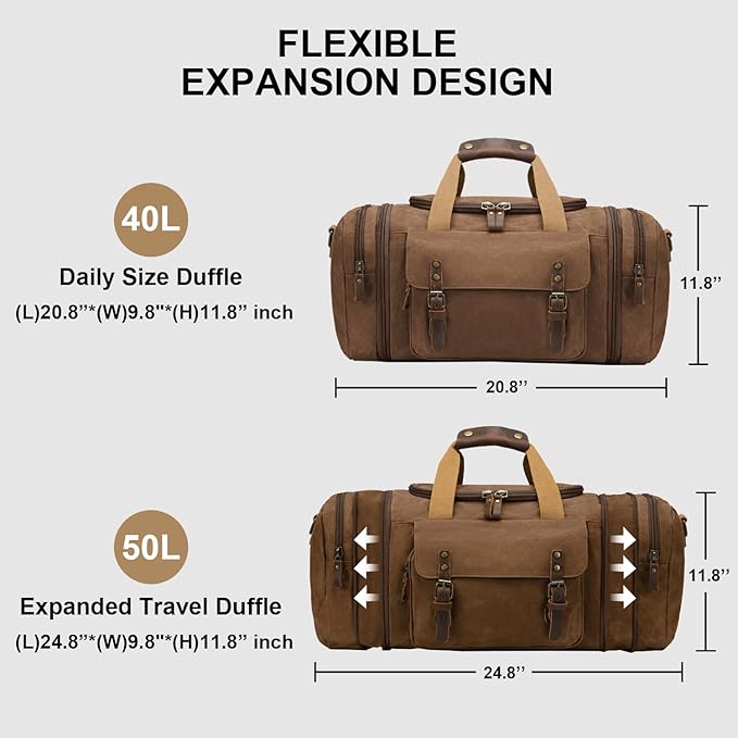 Waxed Canvas Duffel Bag 50L Waterproof Duffle Bag Travel Overnight Weekender Bag