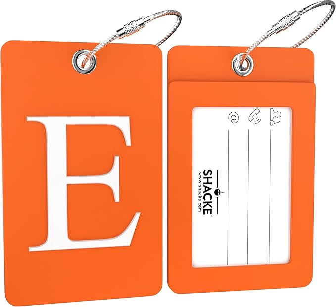 Shacke Luggage Tag Initial – Fully Bendable Tag w/Stainless Steel Loop - Orange (Letter E)