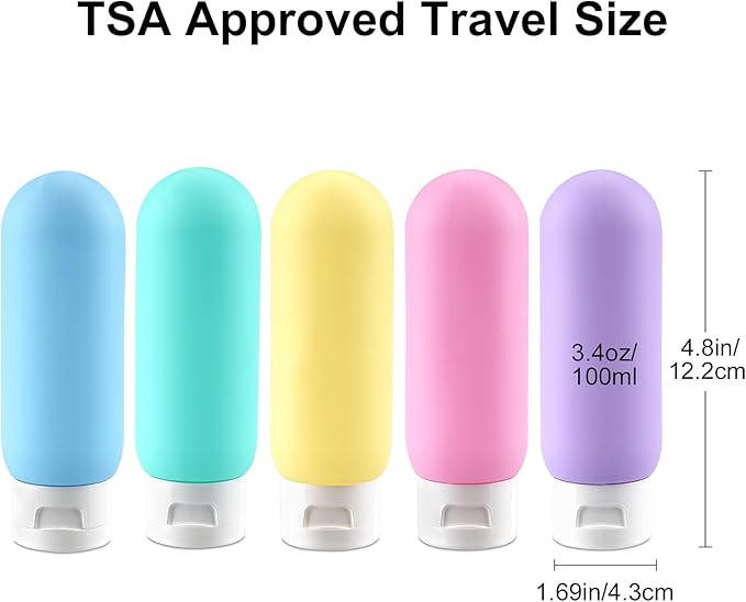 Cosywell Travel Bottles for Toiletries Travel Size Containers TSA Approved Toiletry Bottles Leak Proof Refillable Squeeze Bottle (D-3.4oz-colorful-round-5blank, Blue green yellow pink purple)