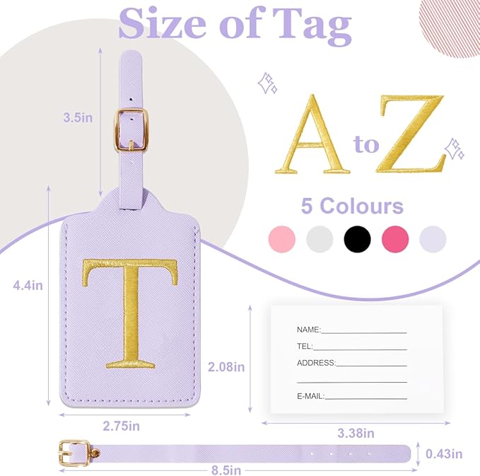 Personalized Initial Luggage Tags for Suitcases,Leather Letter Cute Luggage Tags with Privacy Name Card,Embroidered Monogrammed Travel Bag Backpack Tag Gifts for Women Kids Girls Teens(Purple-T)