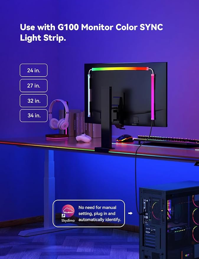 RGB Backlight LED Strip Light for PC & Mac, Sync with Screen Color or Music, Stick to the Edge of Your Desk, for Desk Gaming, USB Port, Software Control, 7.88ft / 2.4m
