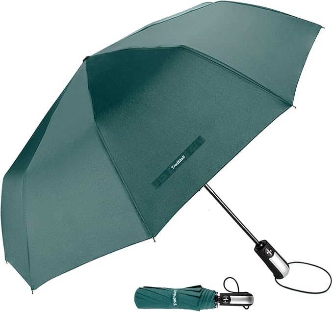 TradMall Travel Umbrella Windproof with 56 Inches Large Canopy 10 Reinforced Fiberglass Ribs Ergonomic Handle Auto Open & Close, Dark Green