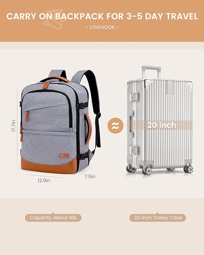 LOVEVOOK Travel Backpack for Women & Men, 40L Carry on Backpack Airline Approved, Large TSA Personal Item Travel Bag fits 17.3" Laptop, Business Weekender Bag for Essentials, 4Pcs