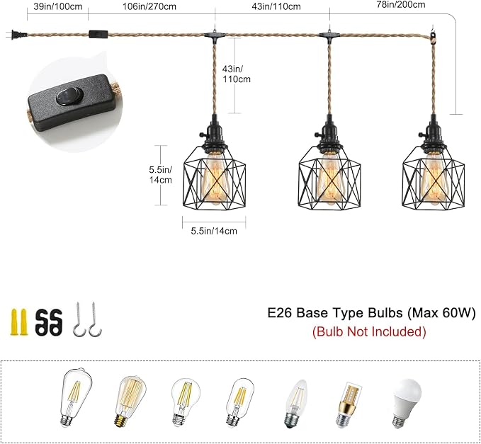 3-Light Hanging Light with Plug in Cord,Plug in Pendant Light 22ft Hemp Rope Pendant Lighting Vintage 3-Light Hanging Lamp Fixtures for Kitchen Island Living Room Bedroom