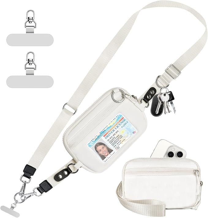 Tiostep Clip and Go Strap for Phone with Wallet Crossbody Phone Lanyard Adjustable and Detachable RFID Wristlet Wallet with ID Window and Zipper, Cream(L)
