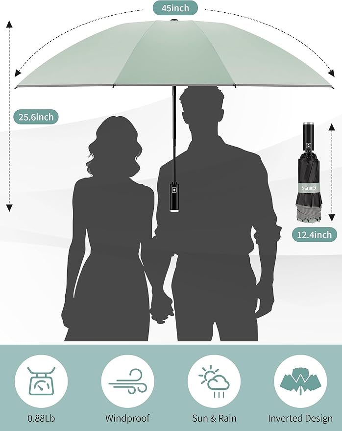 Seniny Inverted Travel Umbrella Compact - Windproof Umbrellas for Rain with Reflective Strip, Large UV Umbrella for Sun Protection, Automatic Portable Umbrellas Fold in Reverse for Car, Backpack