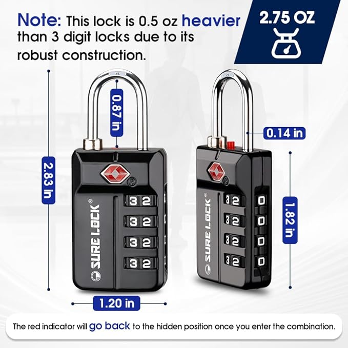 SURE LOCK TSA Approved 4-Digit Resettable Combination Luggage Lock with Open Alert, Easy-Read Dials - for Luggage, School Lockers, Gym, Office, Toolbox & Security Cases (Black 1 Pack)