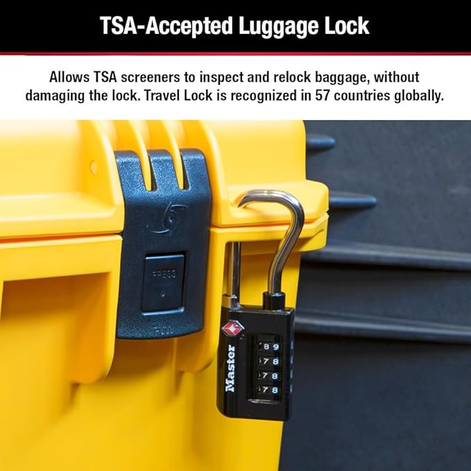 Master Lock Padlock, Set Your Own Combination TSA Accepted Luggage Lock, 1-5/16 in. Wide, Black, 4 pk, 4696EC4