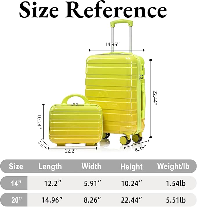 Gradient Green-Yellow Luggage Set 14" & 20" - 2 Piece PC Spinner Wheel Suitcases with Combination Lock, Lightweight Carry On for Business & Vacation