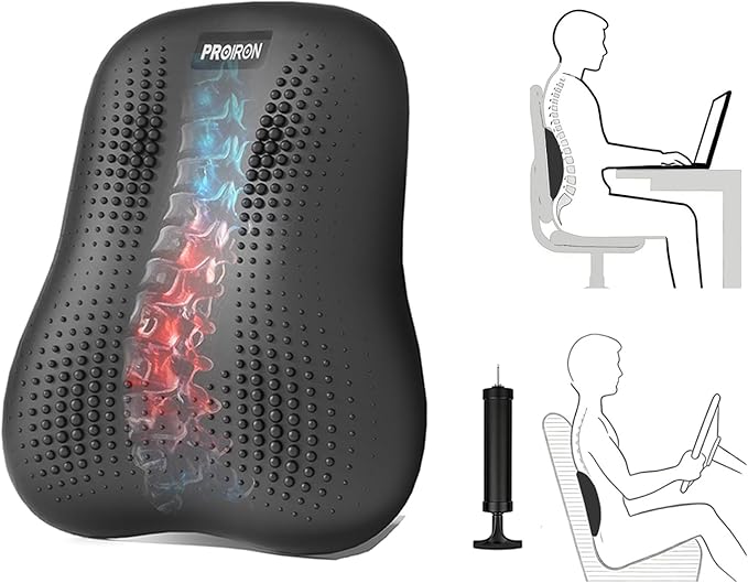 Lumbar Support Pillow, Inflatable Rubber Lumbar Pillow for Lower Back Pain Relief - Car Back Cushion for Driving - Lumbar Support for Car-Office Chair, Massage Points, Adjustable Firmness, Black