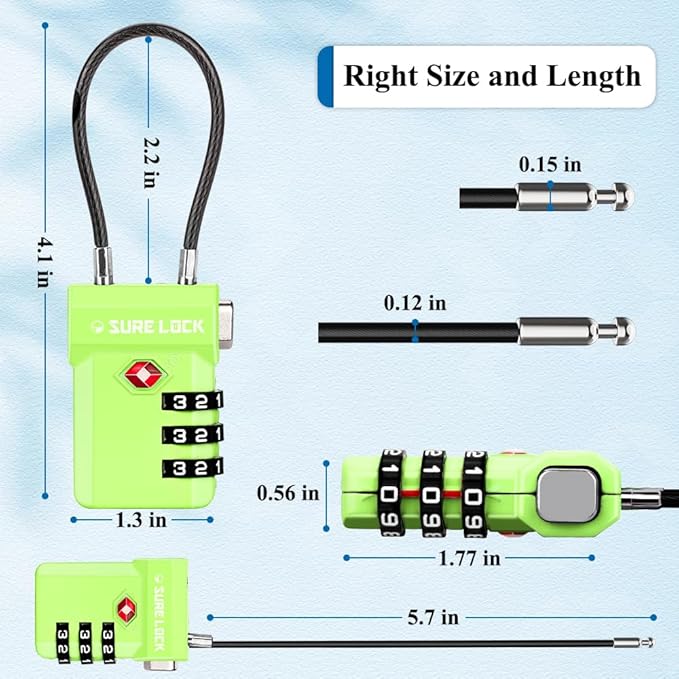 SURE LOCK TSA Approved Luggage Locks – 3-Digit Combination Cable Lock with Red Indicator, Large Dial & Easy-Press Button for Suitcases and Backpacks – Multi-Pack & Color Options