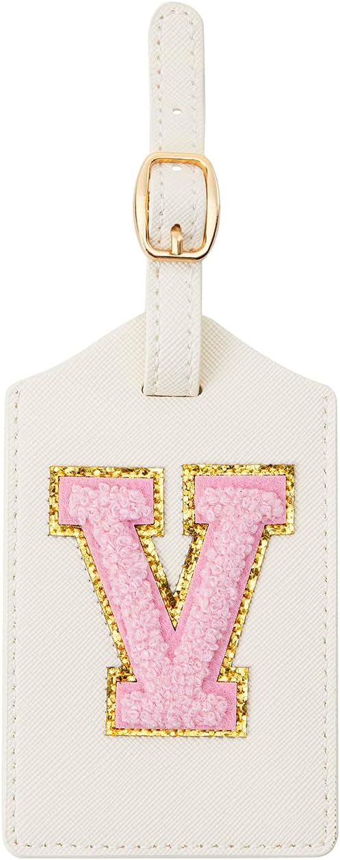 Initial Luggage Tag, PU Leather Luggage Tag, Embroidered Luggage Tag, Letter Luggage Tag, Monogrammed Luggage Tag, Luggage Tag for Baggage Bag Suitcase (V, White Leather+Pink Letter)
