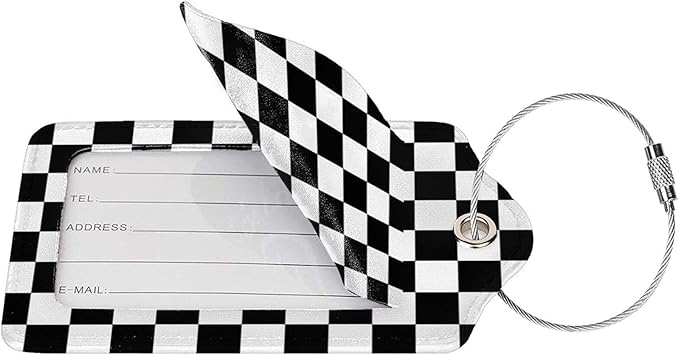2 Pack Luggage Tags for Travel PU Leather Luggage Tag Name ID Labels with Privacy Cover for Suitcases Women Men Kids Girls (Black and White Grid)