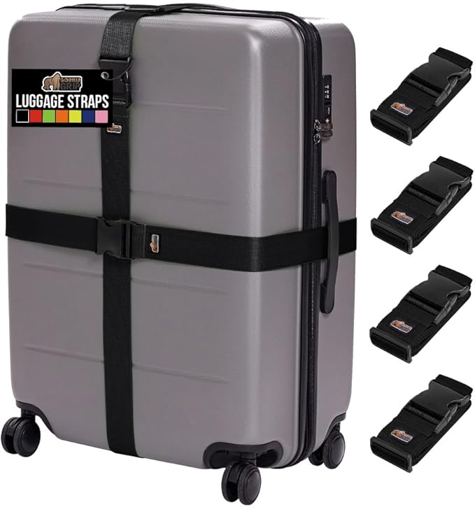 GORILLA GRIP Heavy Duty 4 Pack Adjustable Luggage Straps for Suitcases, Easy to Identify Travel Belt Connector Holds Suitcase Together, Extends Life of Bag, Strap Connects Two Bags, Accessories, Black