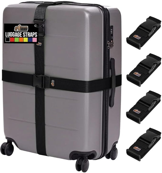 GORILLA GRIP Heavy Duty 4 Pack Adjustable Luggage Straps for Suitcases, Easy to Identify Travel Belt Connector Holds Suitcase Together, Extends Life of Bag, Strap Connects Two Bags, Accessories, Black
