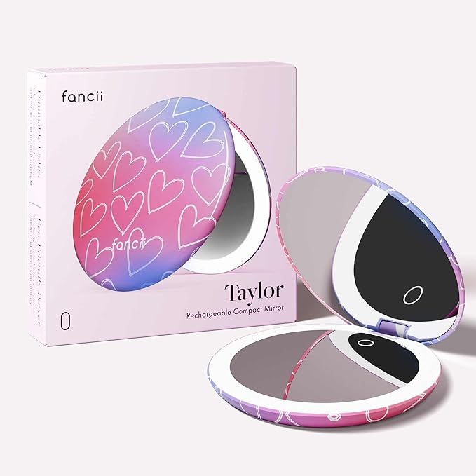 Fancii Taylor LED Lighted Travel Makeup Mirror, Rechargeable, 10x /1x Magnifying, Tru-Glow Lighting System, XL Large 5” Wide | Compact Mirror for Purses (Lovestruck)