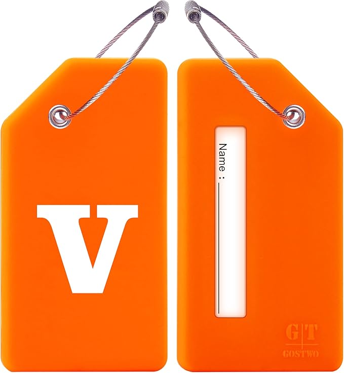 Gostwo 2 Pack Silicone Luggage Tags for Suitcases, 26 Initial Letter Baggage Labels Handbag School Bag Suitcase Instrument Tag with Stainless Steel Loop(Orange)(Letter V)