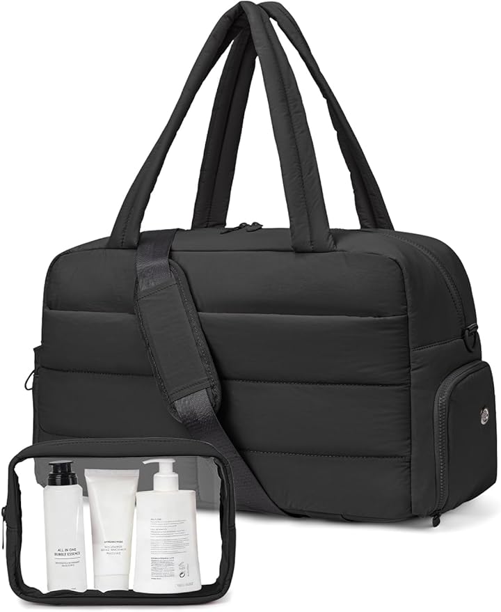Gitus Carry On Duffle Gym Bag for Women Puffer Weekender Overnight Duffel Bag for Travel with Clear Toiletry Pouch Sport Yoga Fitness Essentials Gifts (Black)
