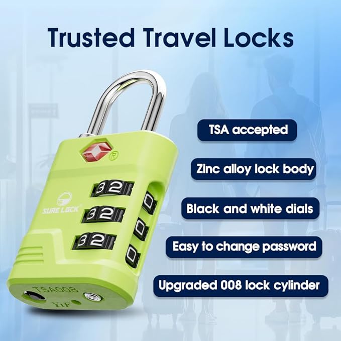 SURE LOCK TSA Approved Luggage Lock – 3-Digit Resettable Combination Padlock with Open Alert Red Dot, Large Easy-Read Dials for Suitcases, Backpacks, Gym & School Lockers