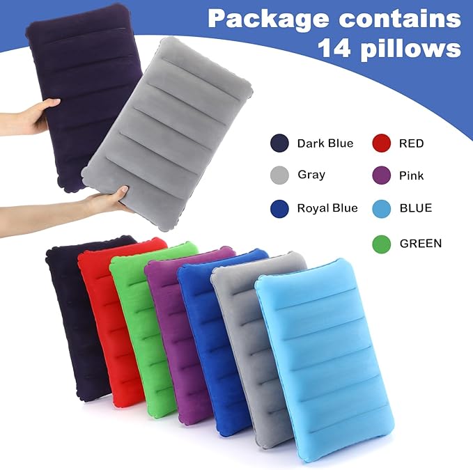 Geelin 14 Pieces Inflatable Camping Pillow 18.5 x 11.8 Inches Portable Compact Flocked Fabric Air Pillow for Travel Hiking Home Office Sleeping Neck Head Lumbar Support, Multicolor