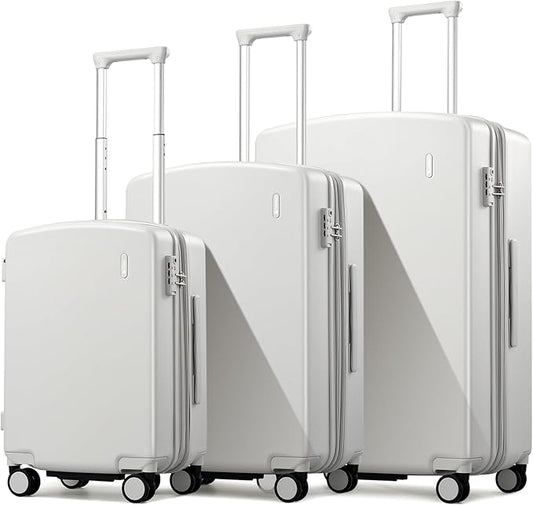 Hanke Expandable Hard Shell Luggage Sets 3 Pieces, 20/24 / 28 Inch Luggage Sets with Spinner Wheels, Durable PC Hardside Rolling Suitcase with TSA Lock for Travel (20/24/28 Inch, Smoke White)
