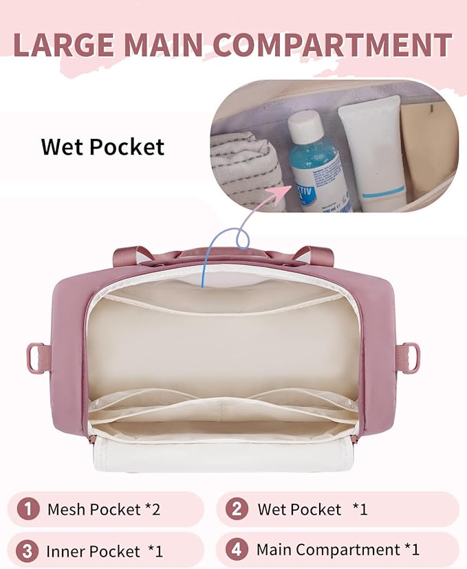 WANDF Travel Duffel Bag with Wet Pocket & Shoe Compartment, 18x14x8 Personal Item Bag with USB Charging Port, Water-Resistant Gym Weekender Overnight Carry-on for Women Men (Pink)