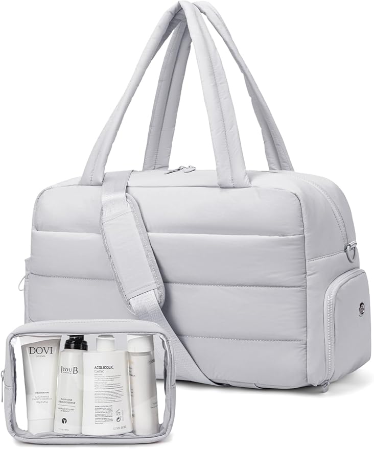 Gitus Carry On Duffle Gym Bag for Women Puffer Weekender Overnight Duffel Bag for Travel with Clear Toiletry Pouch Sport Yoga Fitness Essentials Gifts (Lightgrey)