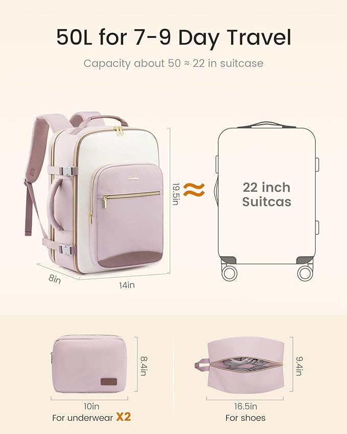 LOVEVOOK 50L Large Travel Backpack for Women, Carry on Backpack Airline Approved, Waterproof Travel Essentials fits 18" Laptop, TSA Personal Item Travels Bag Sports Backpack with 3 Packing Cubes