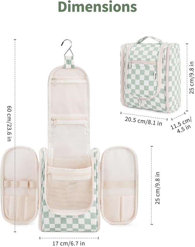 Narwey Hanging Travel Toiletry Bag for Women, Travel Bag for Toiletries, Checkered Makeup Bag Organizer, Cosmetic Make Up Bags for Travel Size Essentials, Skincare, Brushes (Mint Green Checkerboard)