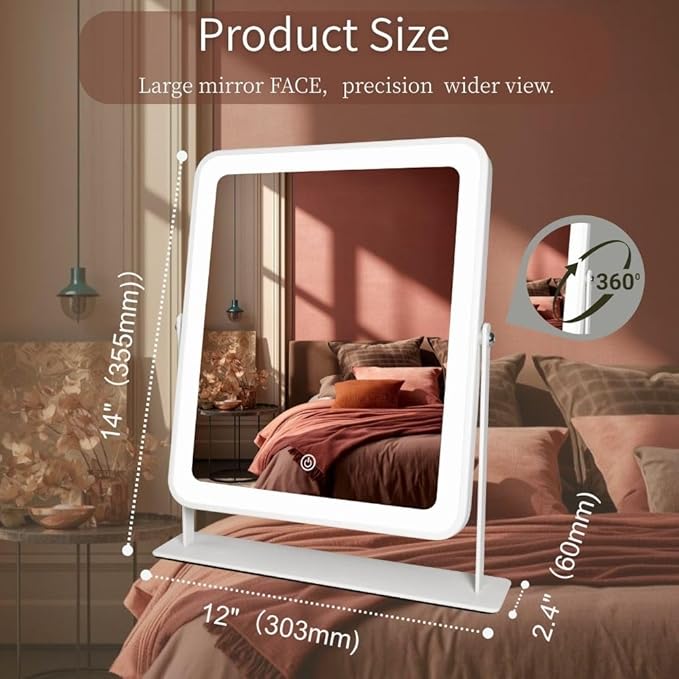 14" X12" LED Vanity Mirror with Lights, 3-Color Dimmable Touch Control, Large Lighted Makeup Mirror, USB-Rechargeable Cordless Design, Sturdy Metal Frame, Oversized Tabletop Mirror, Gift-Ready