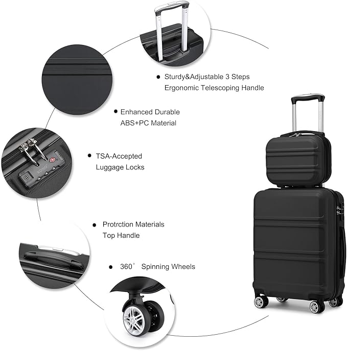 Kono Carry On Luggage Set Airline Approved Lightweight PC+ABS Carry On Suitcase with TSA Lock Spinner Wheels Durable Luggage Hardside Black