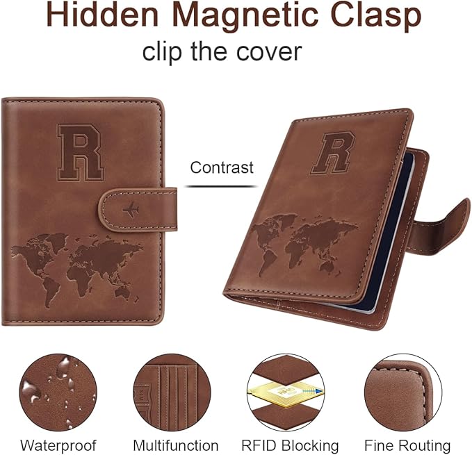 Passport Holder Wallet Cover Personalized Letter A-Z Travel Wallet RFID Blocking Passport Cover Wallet Case for Travel Passport Book Holders for Women and Men, Brown-R