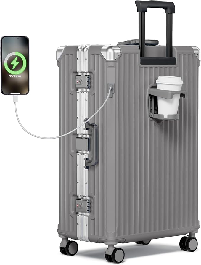 Krute Aluminum Frame Luggage 28 Inch Checked Suitcase With Wheels No Zipper PC Hard Shell Suitcases with Cup Holder and Charger Zipperless Large Travel Luggage Gray