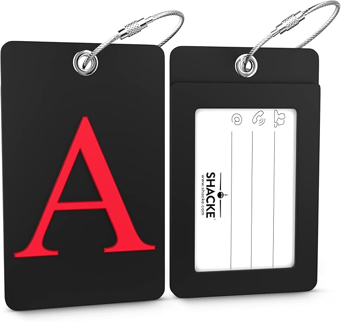 Shacke Luggage Tag Initial - Fully Bendable Tag w/Stainless Steel Loop - Black (Letter A)