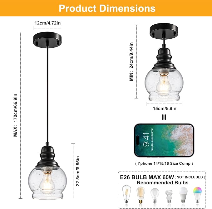 WILON 5.5 Inch Seeded Glass Mini Pendant Lights Kitchen Island | Industrial farmhouse pendant light with adjustable cord and E26 base Ideal for kitchen island, dining room and entryway